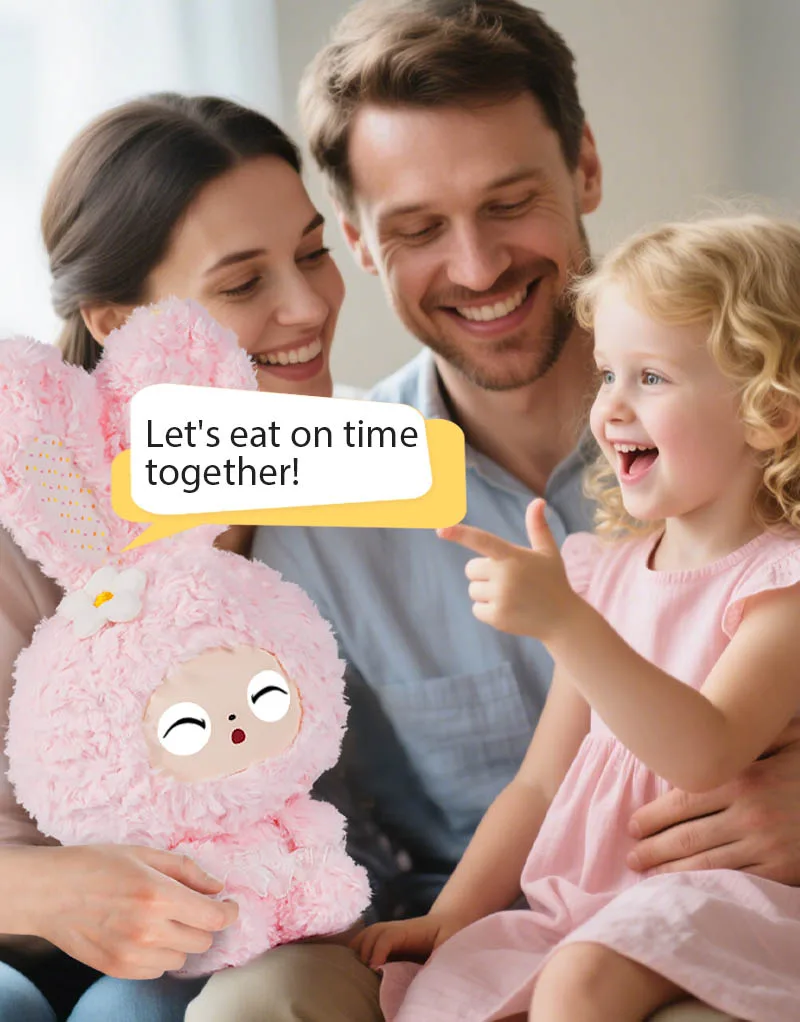 AI plush toy helping a child build healthy habits