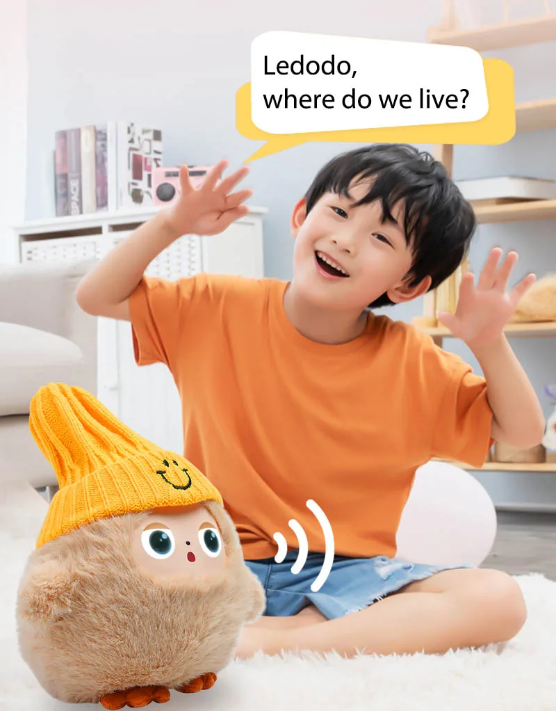 Child learning languages while playing with an AI plush toy