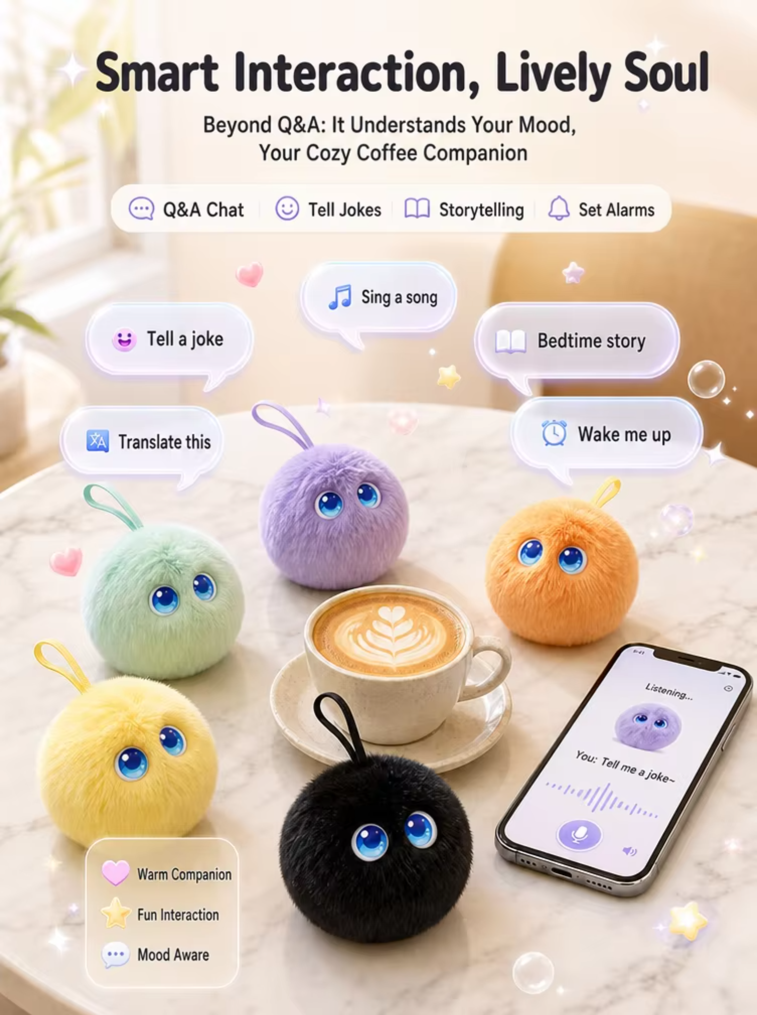 Wholesale Funny Educational AI Smart Fluffy Pom Pom Plush Ball Talking Interactive Keychain Toy Polyester Filled PP Cotton 10cm