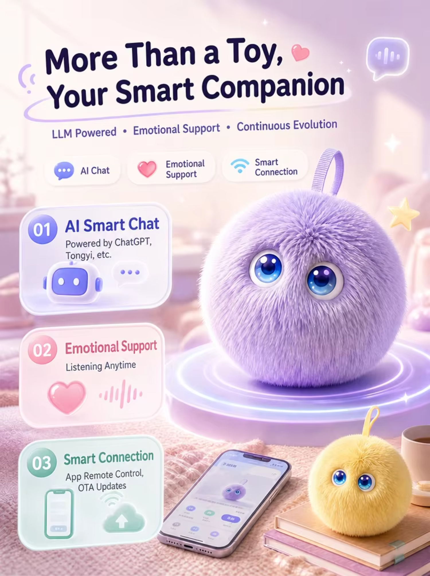 Wholesale Funny Educational AI Smart Fluffy Pom Pom Plush Ball Talking Interactive Keychain Toy Polyester Filled PP Cotton 10cm