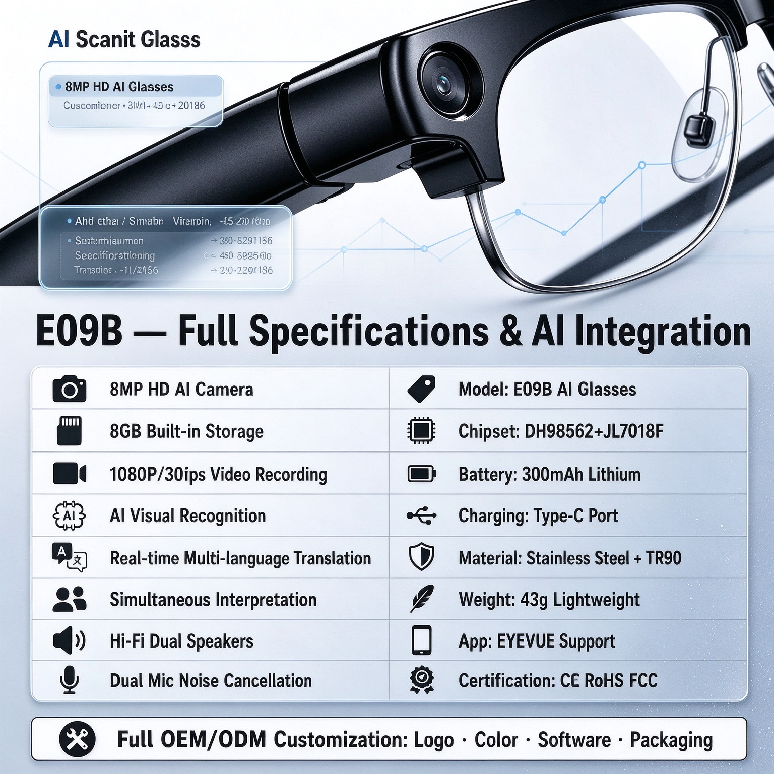 2026 AI Smart Glasses Camera 8MP HD Video Recording Glasses with Audio Real-Time Translation Wearable Glasses Men Women