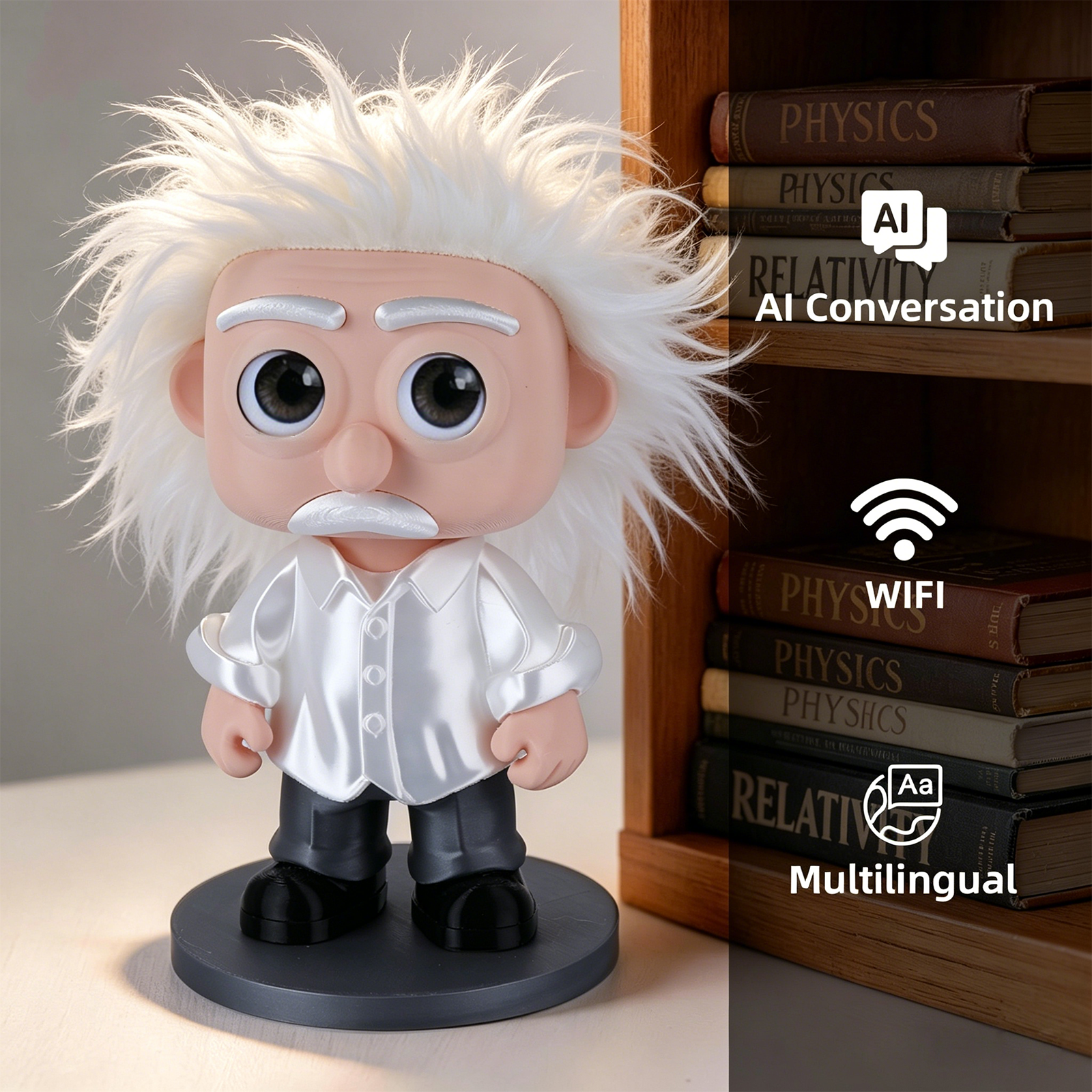 Smart Eco-Friendly Cartoon Companion Robot with AI Chatbot &amp; Multi-Language Talking-Educational AI Science Einstein Figurine