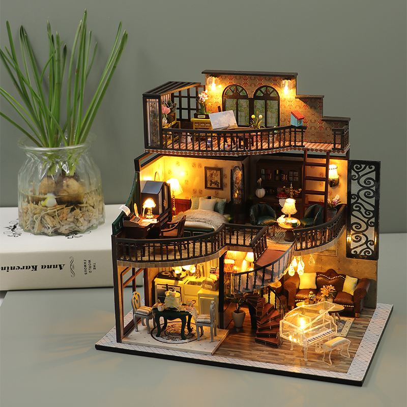 Hongda M2132 Custom Design Three Storeys Villa Dollhouse Wooden Diy Miniature Doll House Kit For Girls