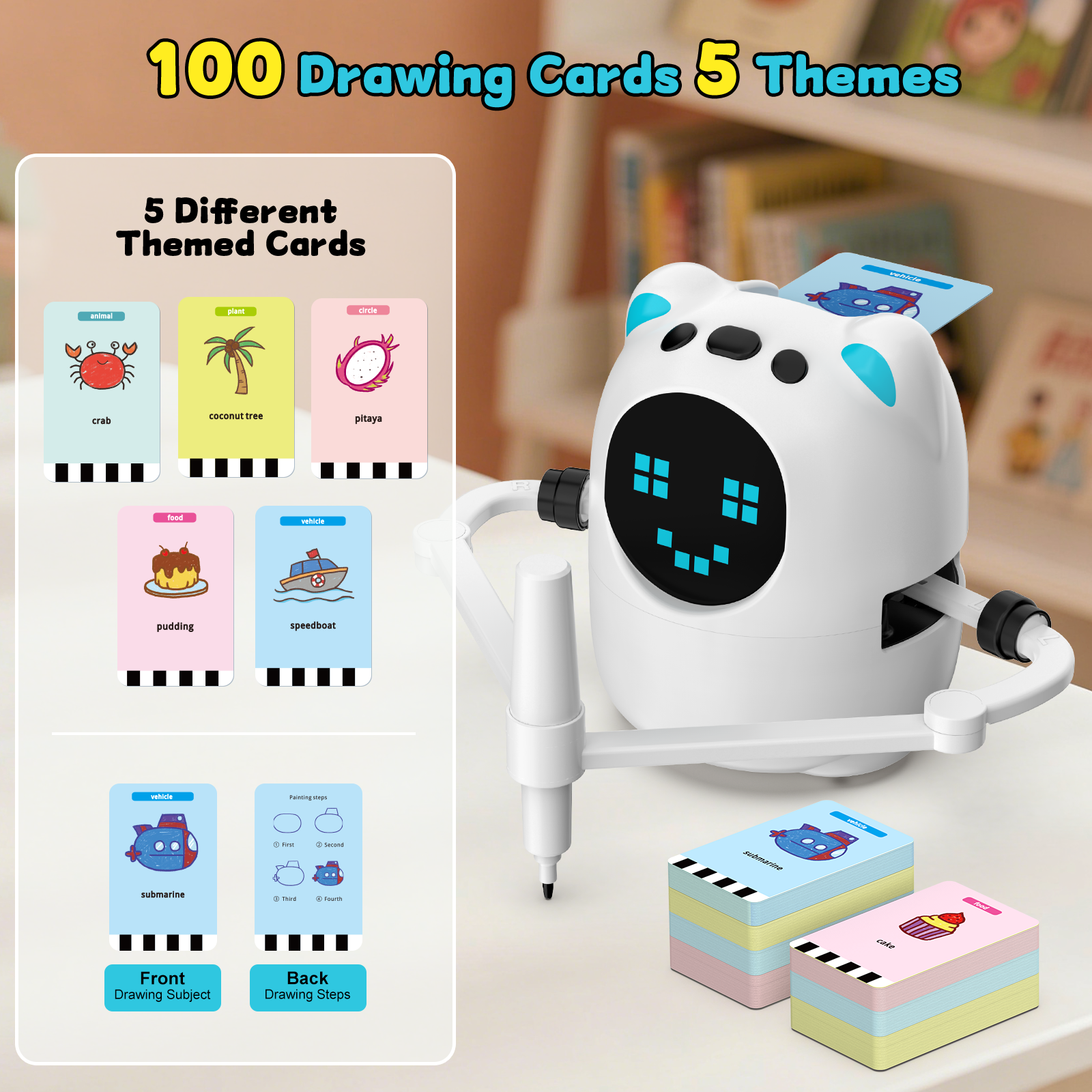 Factory Smart Drawing & Painting Robot Toy with 100 Cards 5 themes Light & Sound-Educational Learning Machine for Ages 5-13