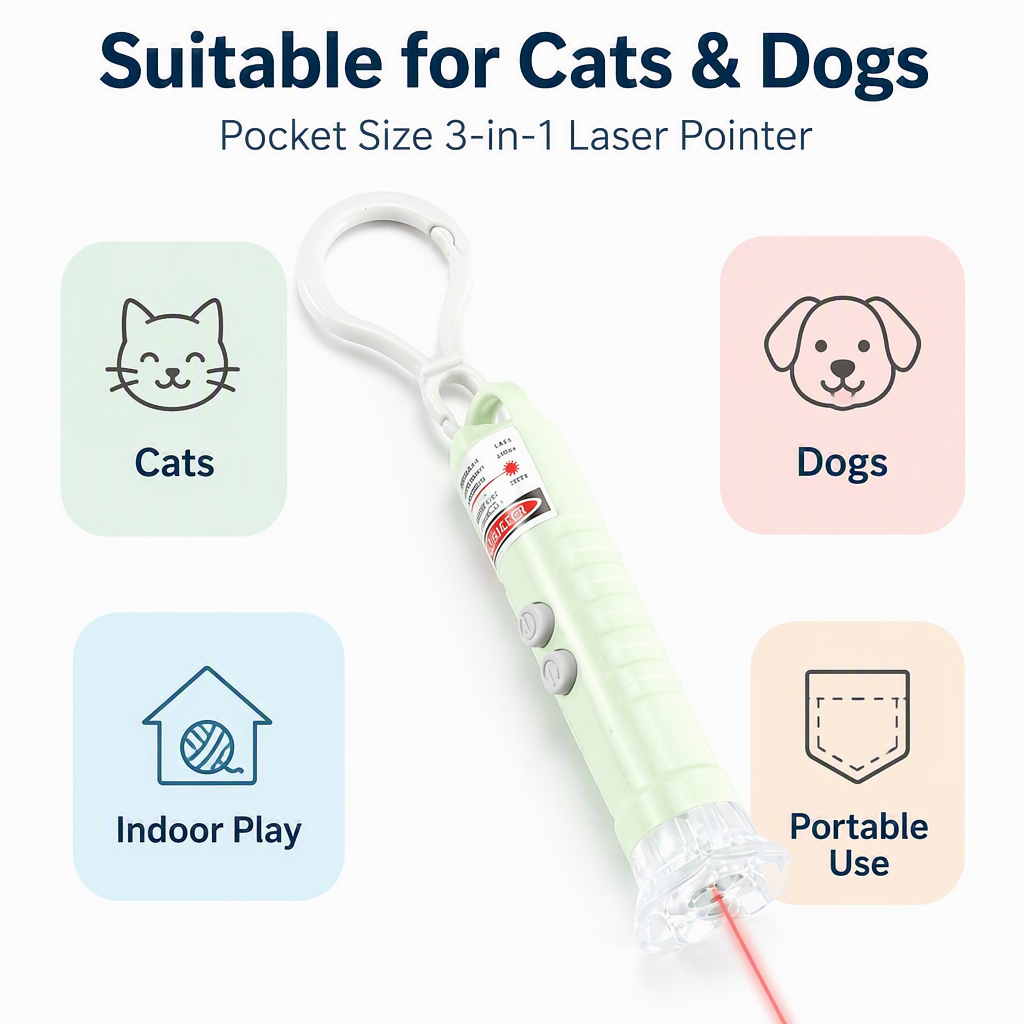 Pocket Size 3-in-1 Laser Pointer for Cats & Dogs Portable LED Light Simple Cartoon Design Small Plastic Pet Toy