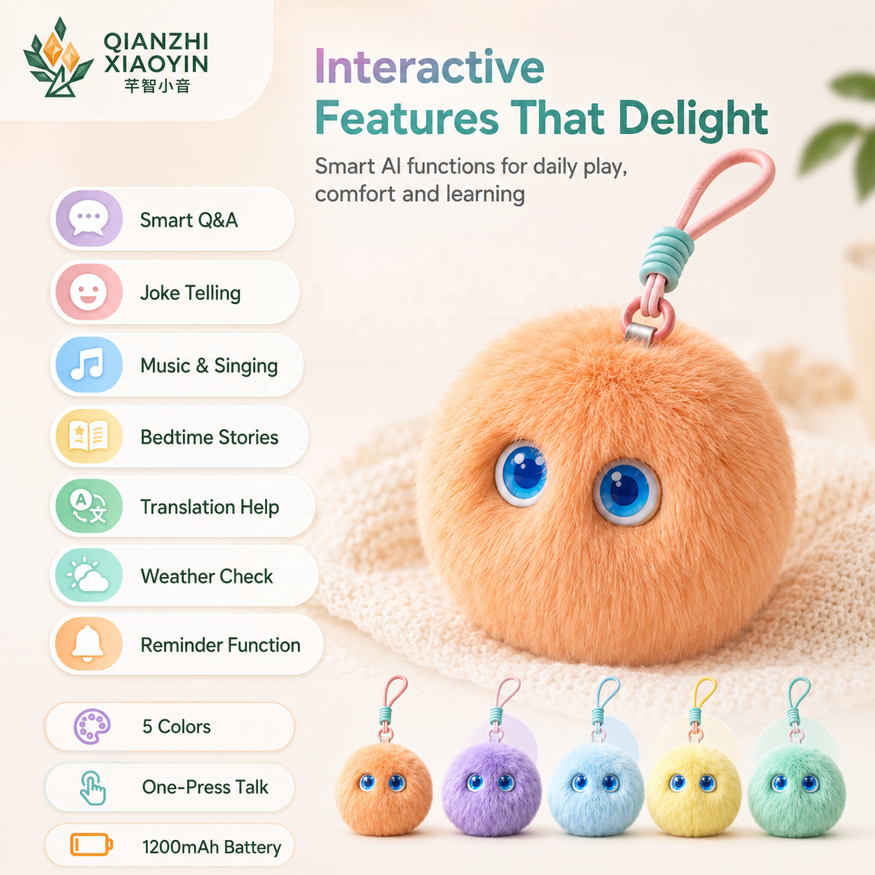 AI Smart Plush Ball Toy Blue Glowing Eyes Translation Reminder Weather Joke Storytelling Singing Wrist Strap 8 Colors Gift 2.4G