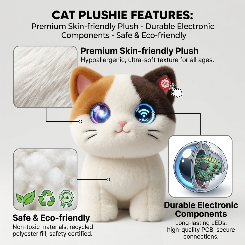 Cuteyeah AI Calico Cat Plush ChatGPT Smart Toy 60+ Languages Interactive Storytelling Language Development Kids STEM Robot