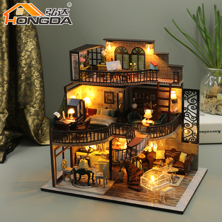 Hongda M2132 Custom Design Three Storeys Villa Dollhouse Wooden Diy Miniature Doll House Kit For Girls