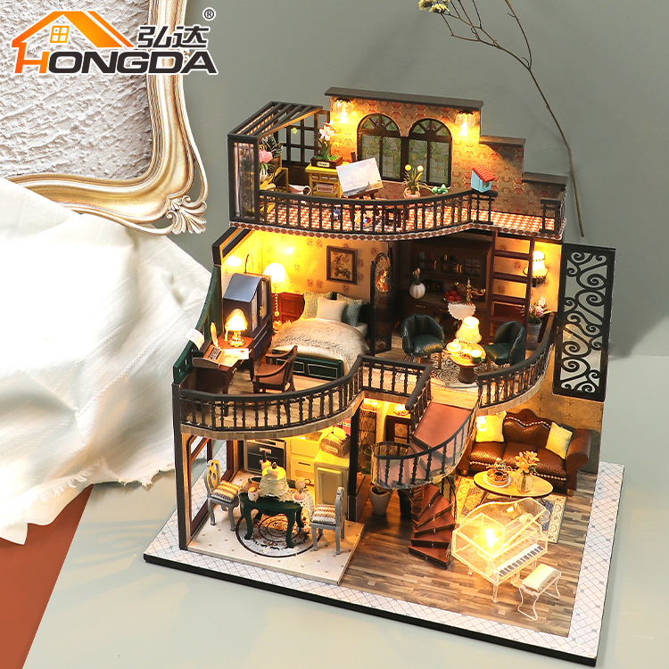 Hongda M2132 Custom Design Three Storeys Villa Dollhouse Wooden Diy Miniature Doll House Kit For Girls