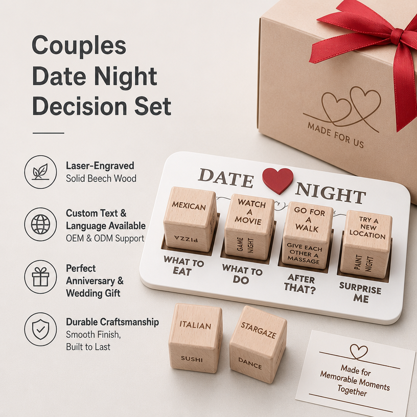 Custom Wooden Date Night Decision Dice Set Engraved For Couples Game OEM Manufacturer Wholesale Supplier For Gift Brands