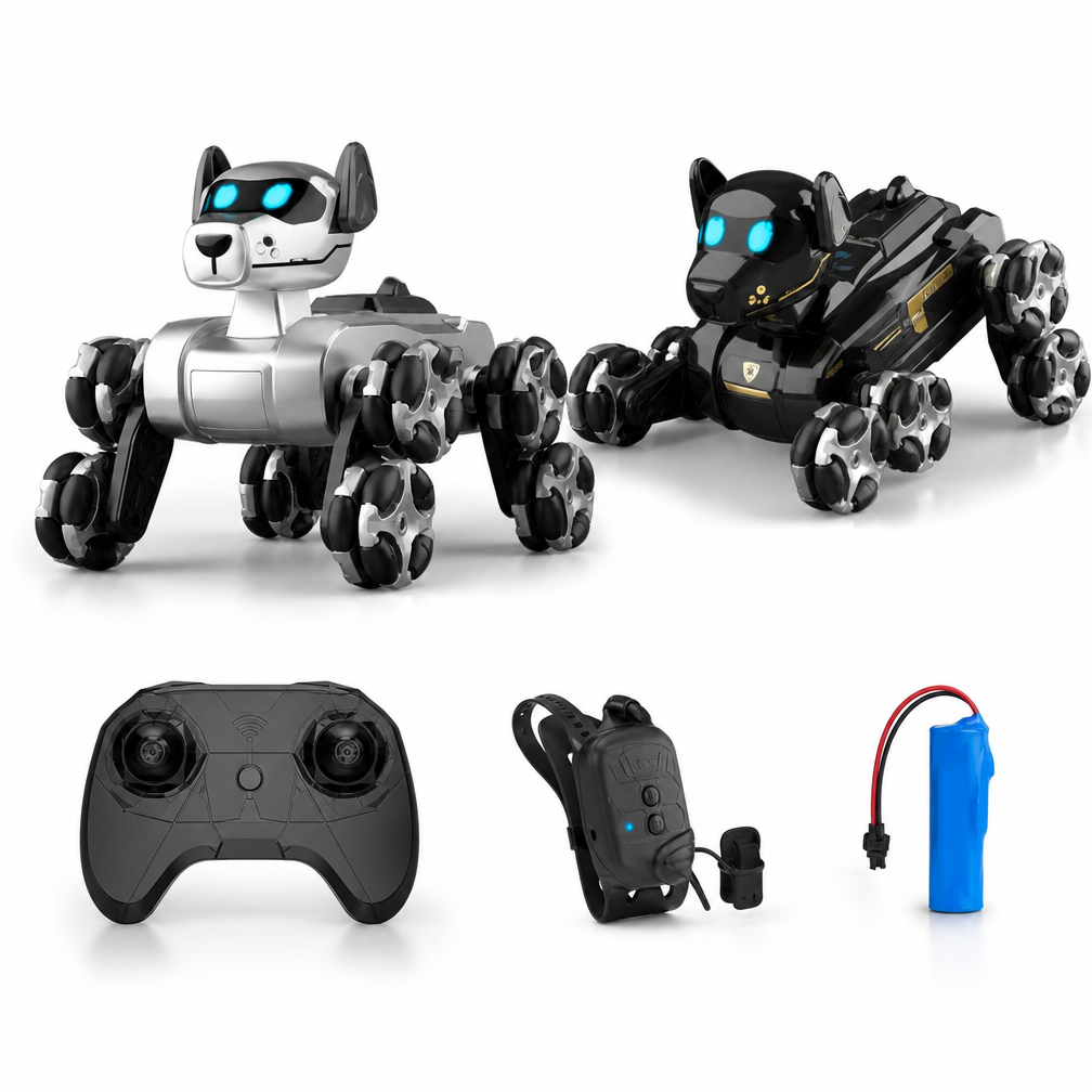 TQ16 1:8 Scale Interactive Smart 8-Wheel Stunt Robot Dog with Dual Control Remote Gesture Control Light Sound Features for Kids