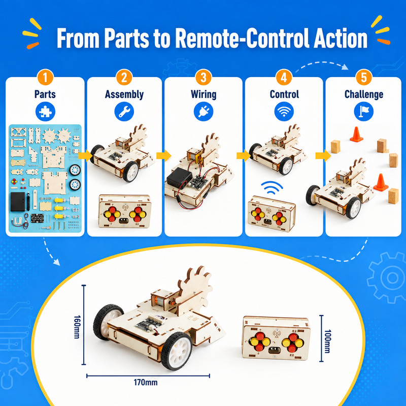 OKYN25930-8 School STEM Teaching Aid Wooden DIY Remote Control Robot Car Dual Motor Battle Robot Science Experiment Toy For Kids