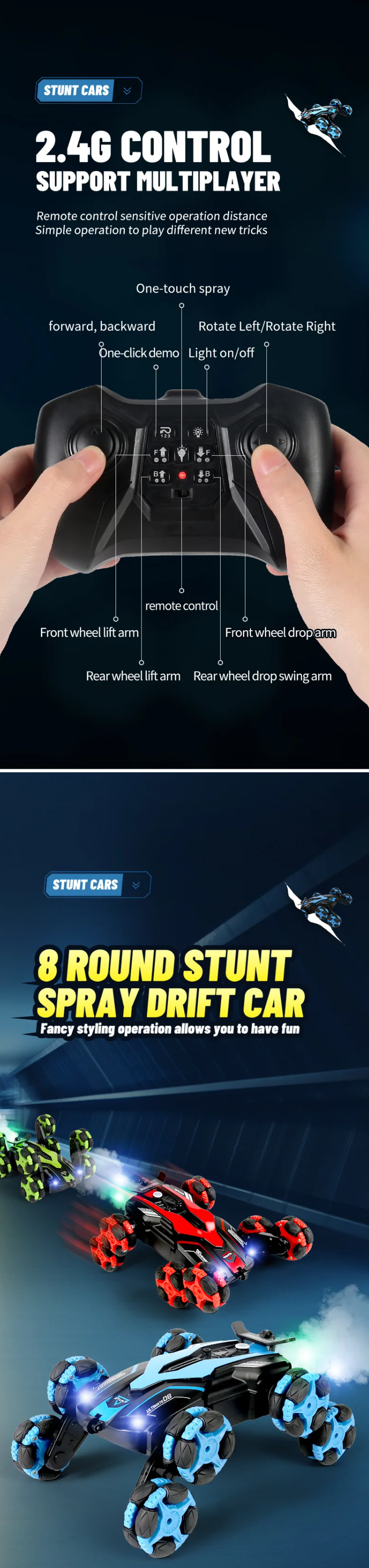 Hot HOSHI 878A RC Car 8-wheels Climbing Stunt Car Drift Spray Intelligence Training Remote Control Toys With Sound Effect Toys