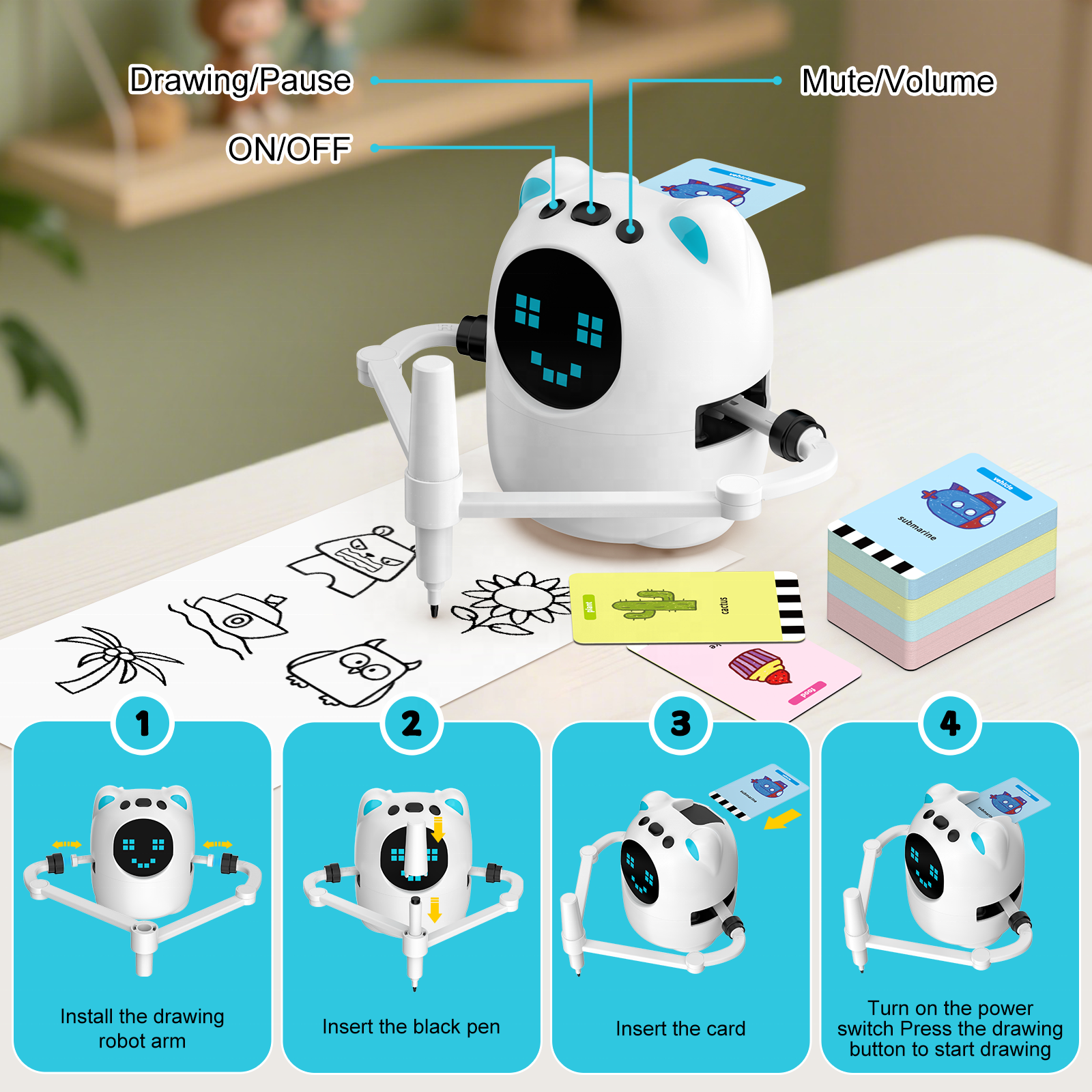 Factory Smart Drawing & Painting Robot Toy with 100 Cards 5 themes Light & Sound-Educational Learning Machine for Ages 5-13