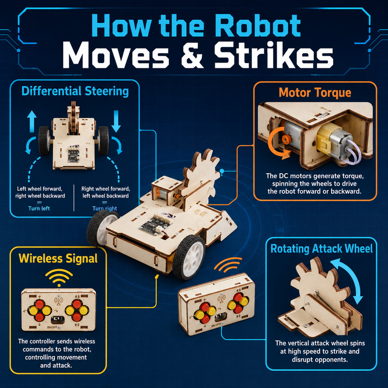 OKYN25930-8 School STEM Teaching Aid Wooden DIY Remote Control Robot Car Dual Motor Battle Robot Science Experiment Toy For Kids