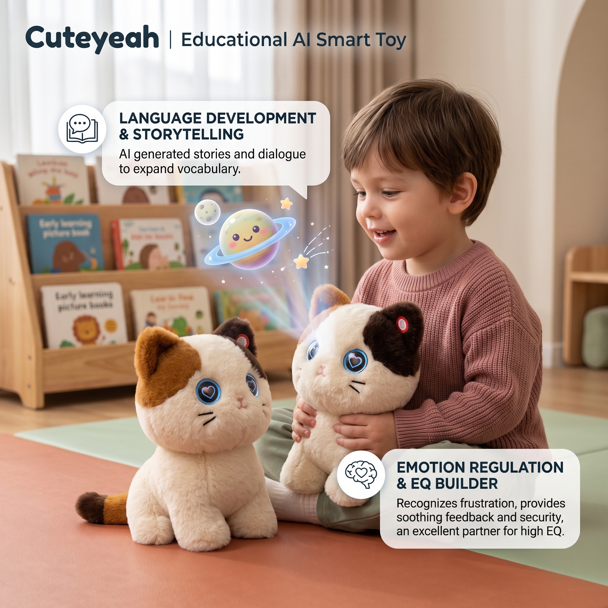 Cuteyeah AI Calico Cat Plush ChatGPT Smart Toy 60+ Languages Interactive Storytelling Language Development Kids STEM Robot