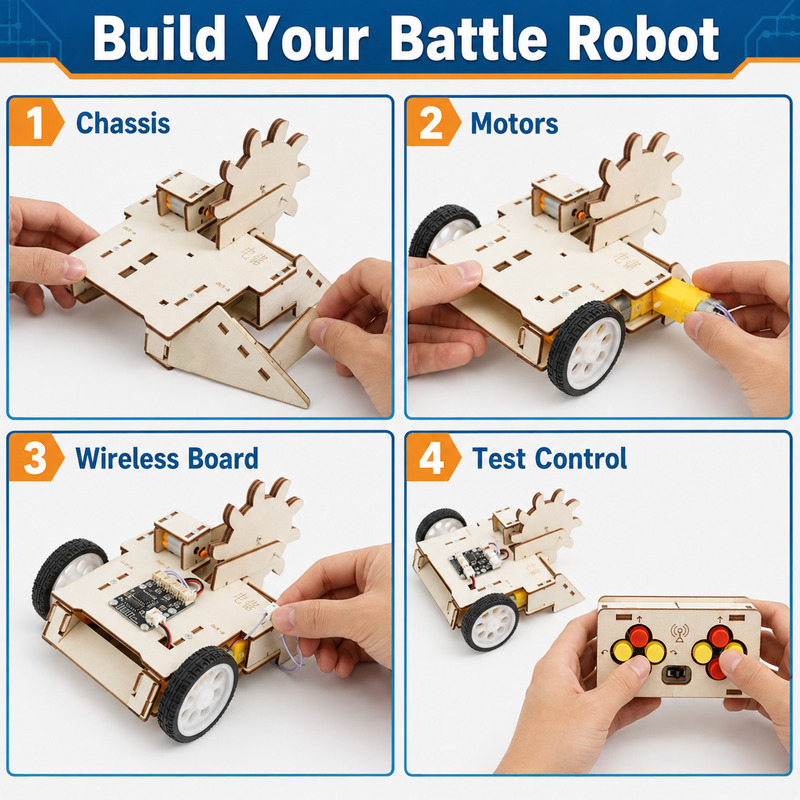 OKYN25930-8 School STEM Teaching Aid Wooden DIY Remote Control Robot Car Dual Motor Battle Robot Science Experiment Toy For Kids