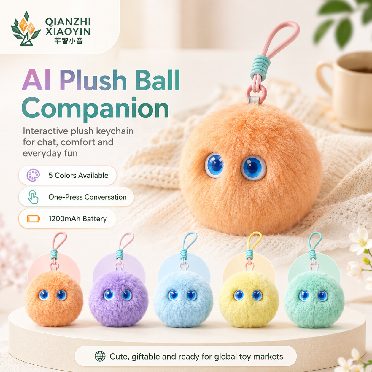 AI Smart Plush Ball Toy Blue Glowing Eyes Translation Reminder Weather Joke Storytelling Singing Wrist Strap 8 Colors Gift 2.4G