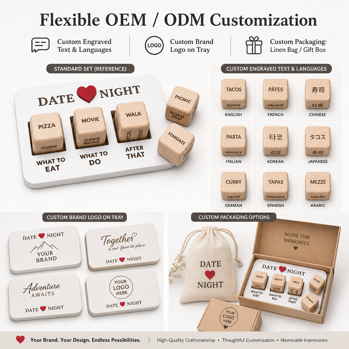 Custom Wooden Date Night Decision Dice Set Engraved for Couples Game OEM Manufacturer Wholesale Supplier for Gift Brands