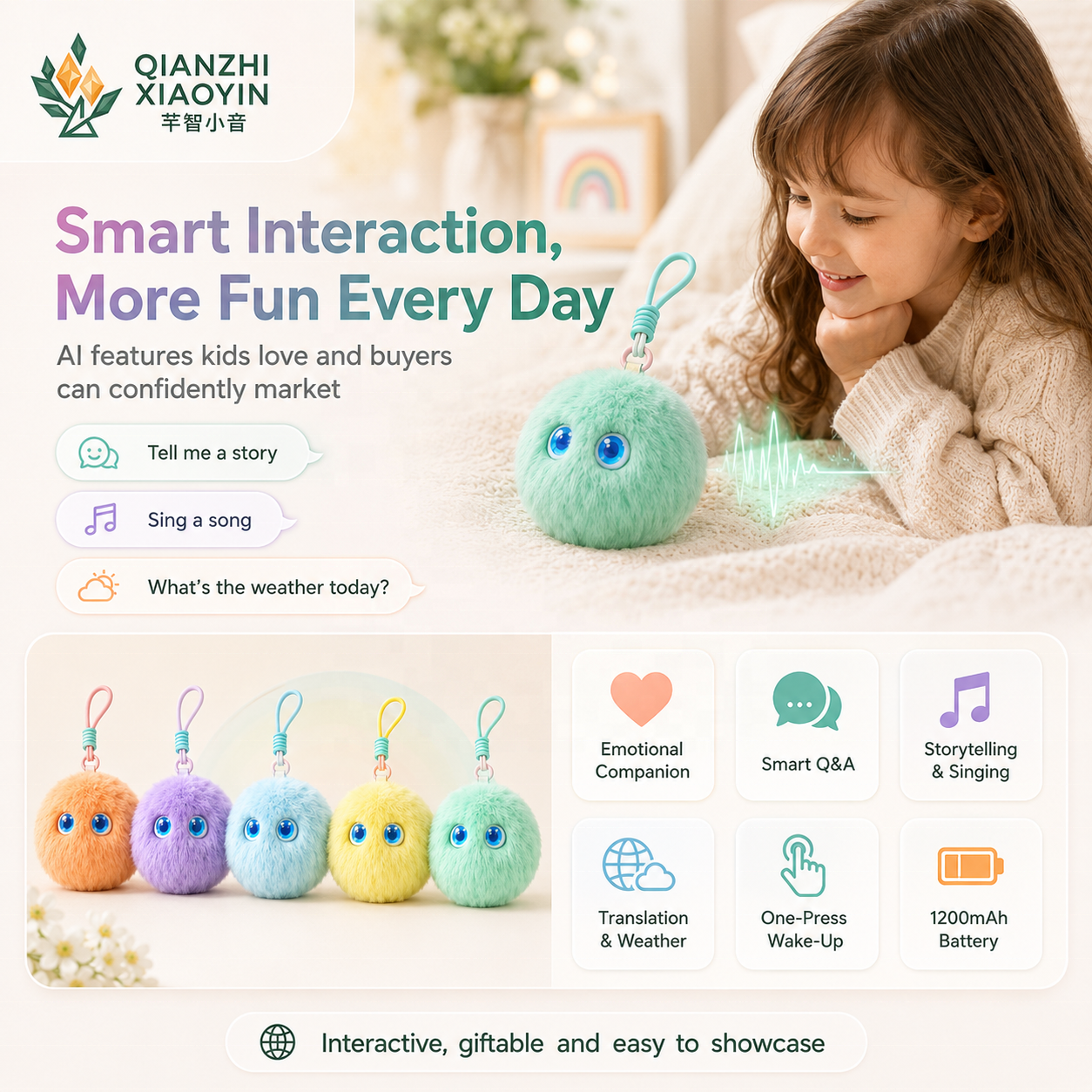 AI Smart Plush Ball Toy Blue Glowing Eyes Translation Reminder Weather Joke Storytelling Singing Wrist Strap 8 Colors Gift 2.4G